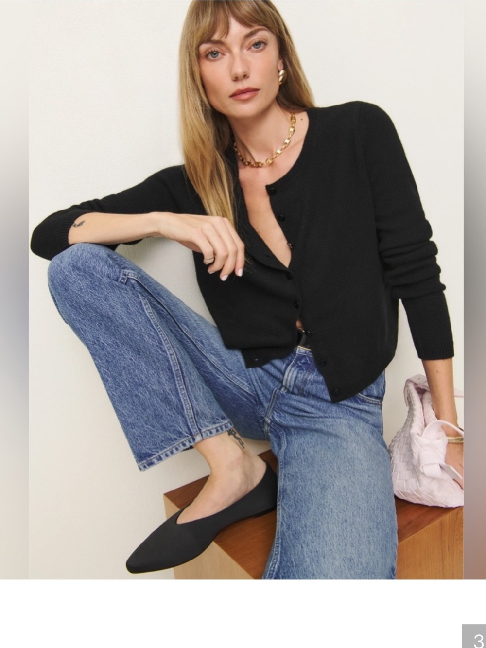 Reformation Clara Cashmere Crew Cardigan Sweater Black Large